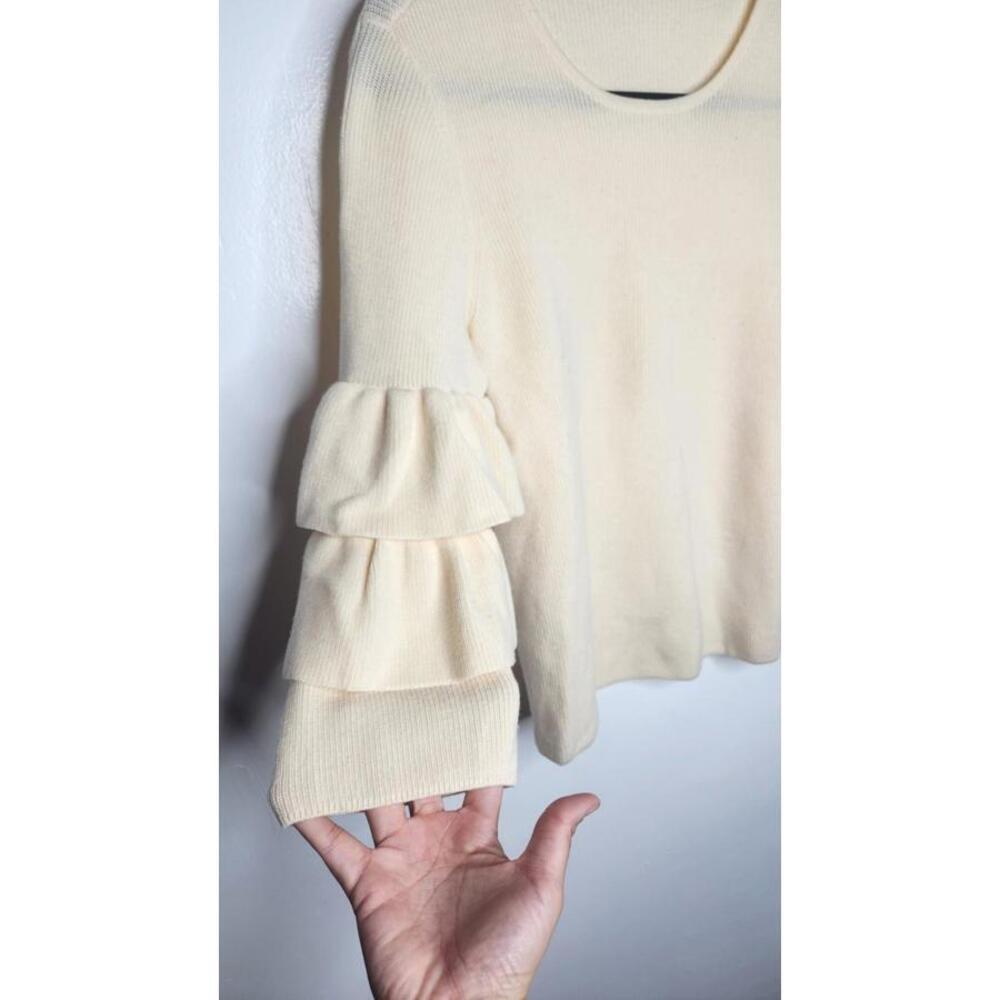 J. McLAUGHLIN Natural Italian Merino Wool Ribbed Ruffle Sleeve Sweater Womens S - Picture 3 of 7